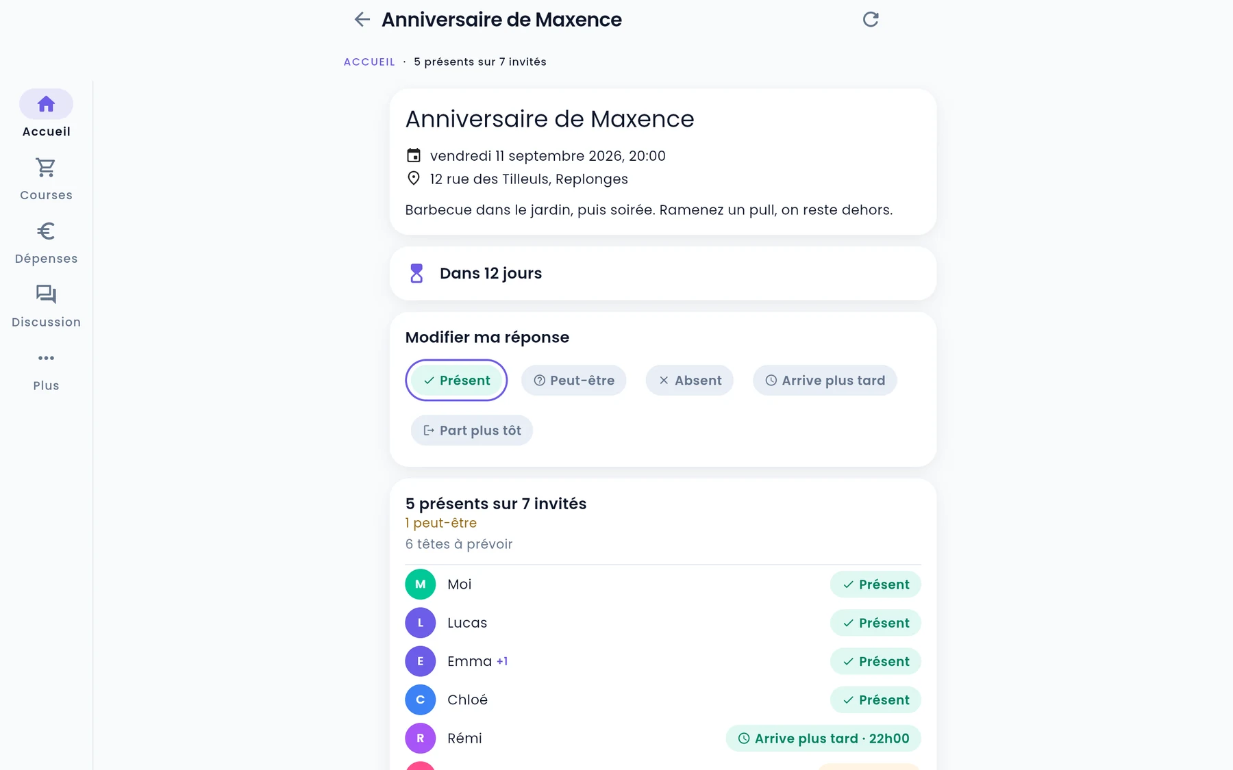 L’application dans un navigateur d’ordinateur : rail de
                      navigation à gauche, détail de la soirée au centre.