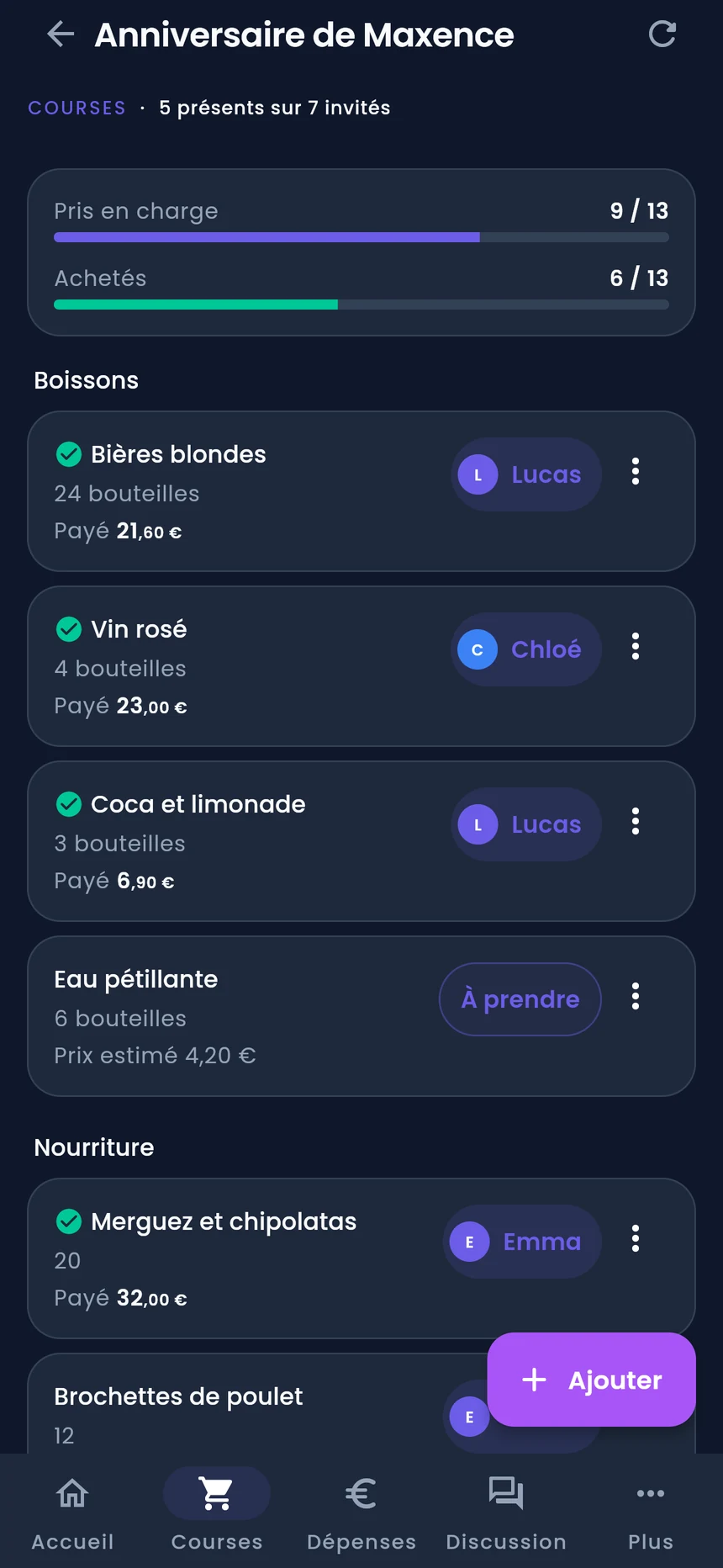 La même liste de courses en thème sombre.