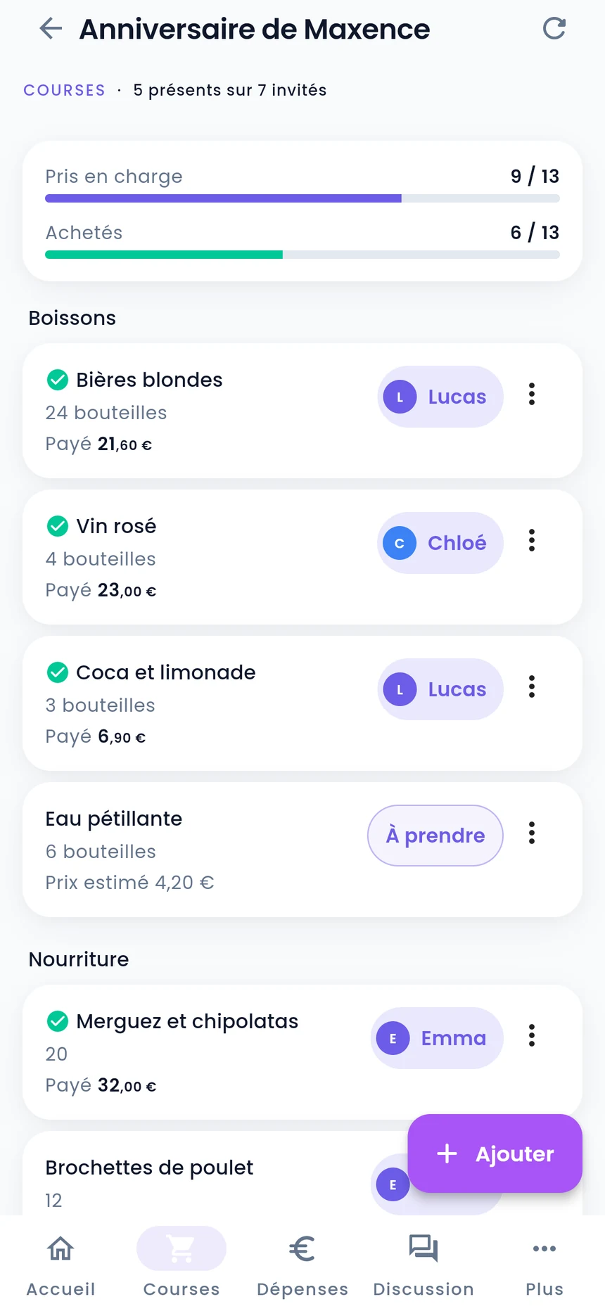 Écran des courses : treize articles répartis en boissons,
                      nourriture et matériel, neuf déjà pris en charge.