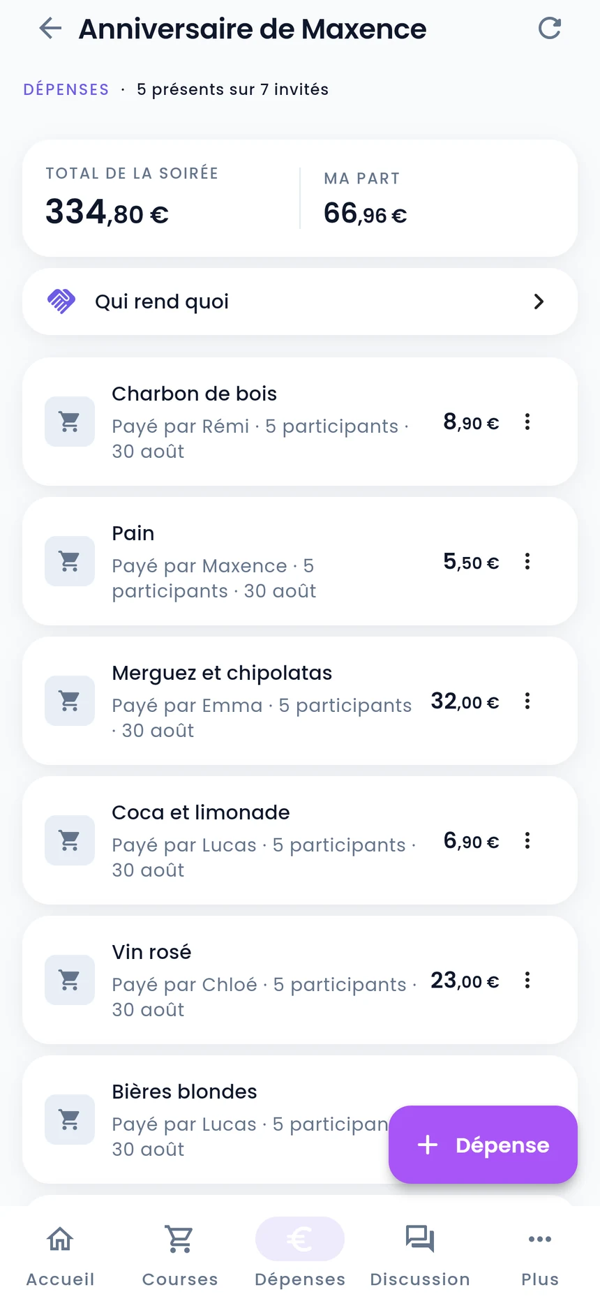 Écran des dépenses : total de la soirée 334,80 €, ma part
                        66,96 €, et le détail de chaque dépense.